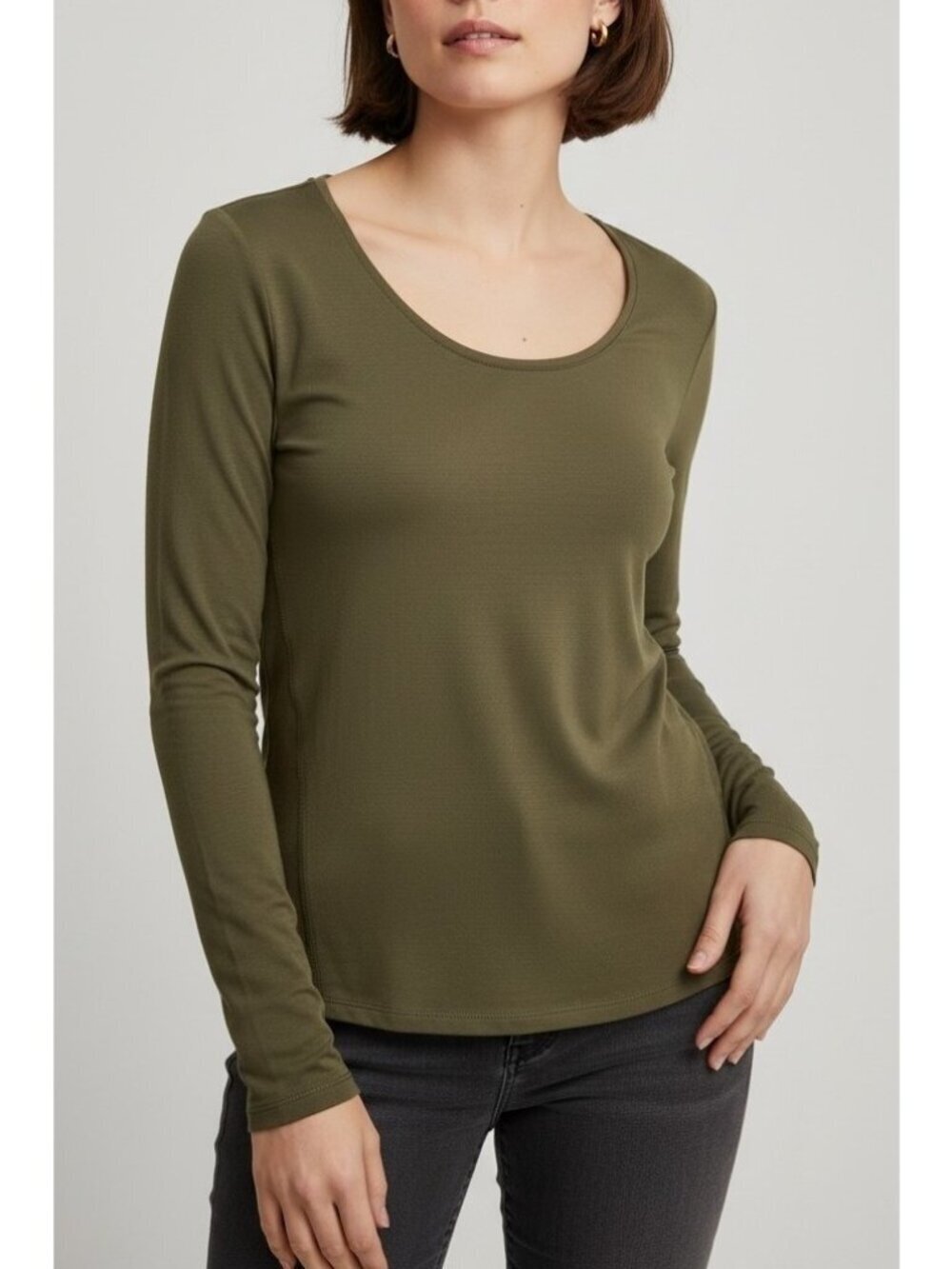 Eileen Fisher Olive Green Rayon Jersey Long Sleeve Top Scoop Neck Stretch Size L